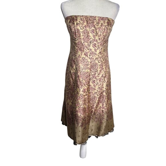 Ideology Strapless Silk Midi Dress Size 8 Gold Pink Lace Trim Zipper Lined - Picture 1 of 8